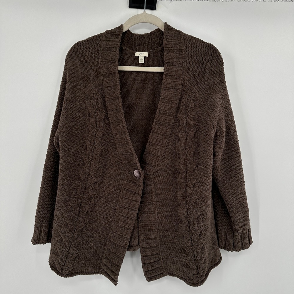 J Jill Brown Cable Knit Cardigan Sweater Petite LP Button Front Cozy‎